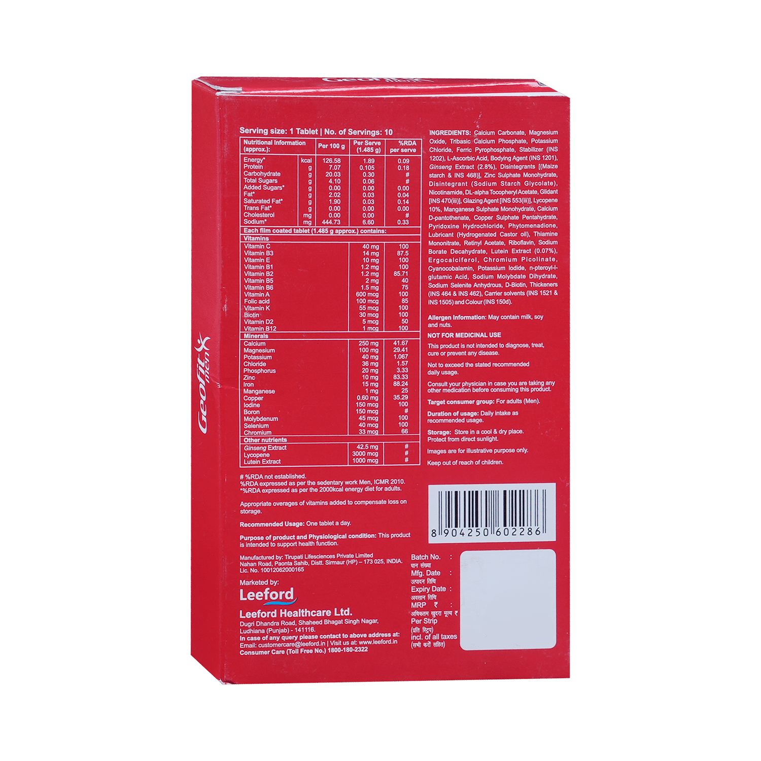 Geofit Men Multivitamin, Multimineral with Ginseng Extract, Lutein & Lycopene Tablet | For Energy, Bones, Hair, Immunity & Antioxidant Support - Image 3