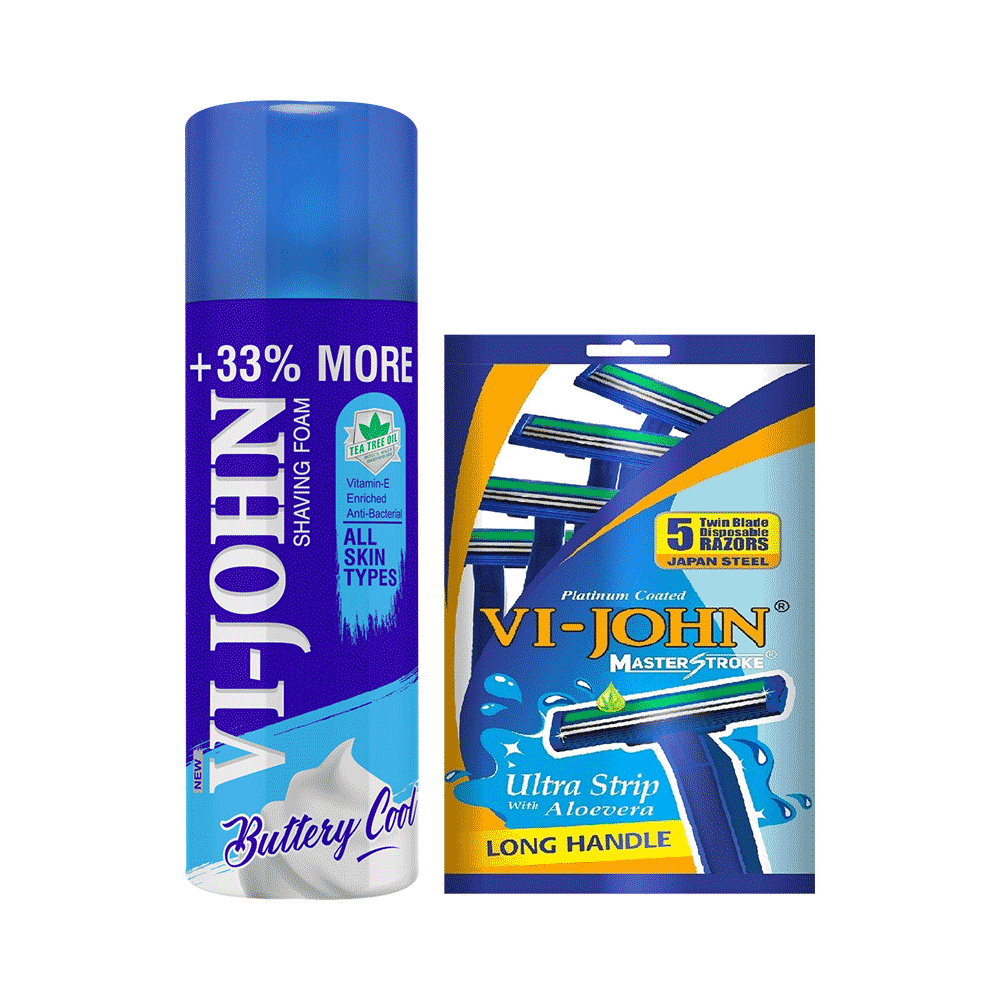 Vi-John Combo Pack of Buttery Cool Tea Tree Oil Shaving Foam (400gm) & Platinum Plated Master Stroke Razor (5) All Skin Type - Image 1