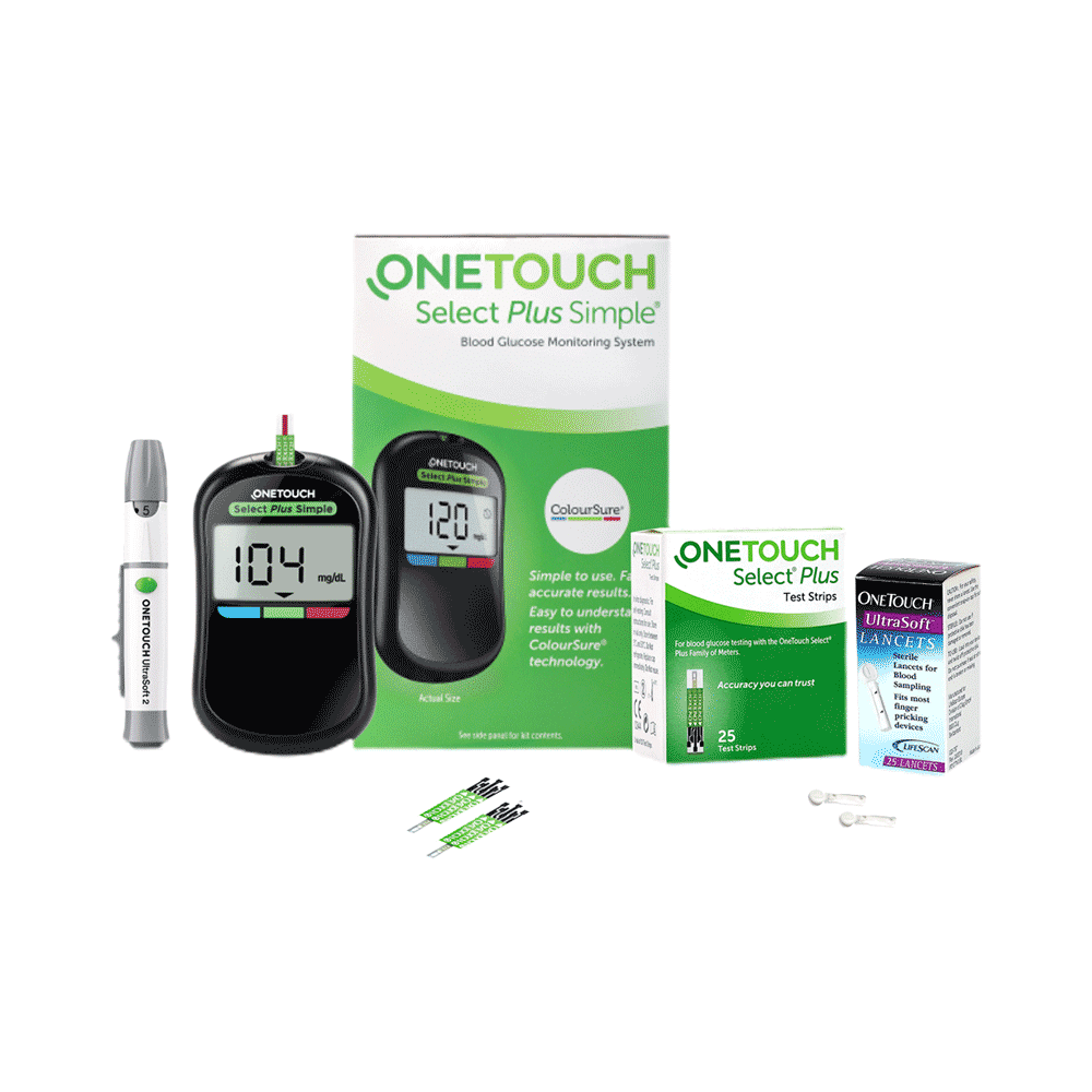 Combo Pack of OneTouch Select Plus Simple Glucometer with 10 Free Strips Black, OneTouch Select Plus Test Strip Green (25) & OneTouch Ultrasoft Lancets (25)