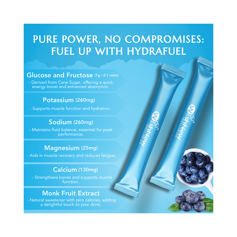 Wishnew Wellness Hydrafuel Replenish, Rehydrate & Energize with Potassium, Magnesium & Sodium Sachet (10gm Each) Sachet Blueberry - Image 4