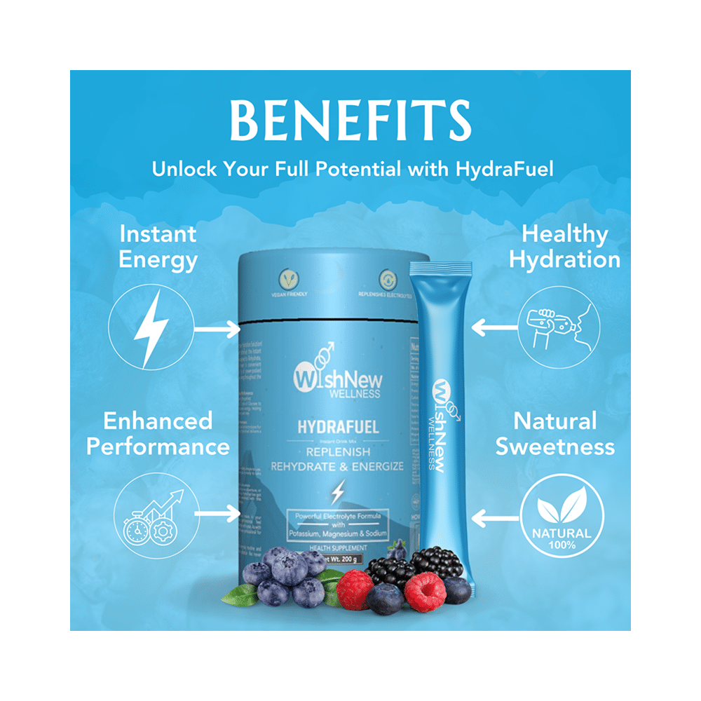 Wishnew Wellness Hydrafuel Replenish, Rehydrate & Energize with Potassium, Magnesium & Sodium Sachet (10gm Each) Sachet Blueberry - Image 3