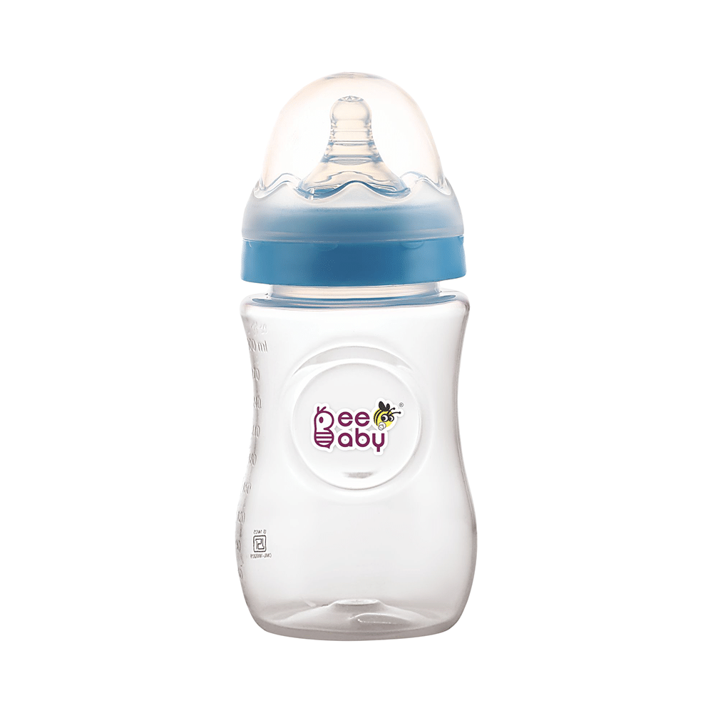 BeeBaby Ease Wide Neck Baby Feeding Bottle with Anti-Colic Soft Silicone Nipple 8 months + Blue