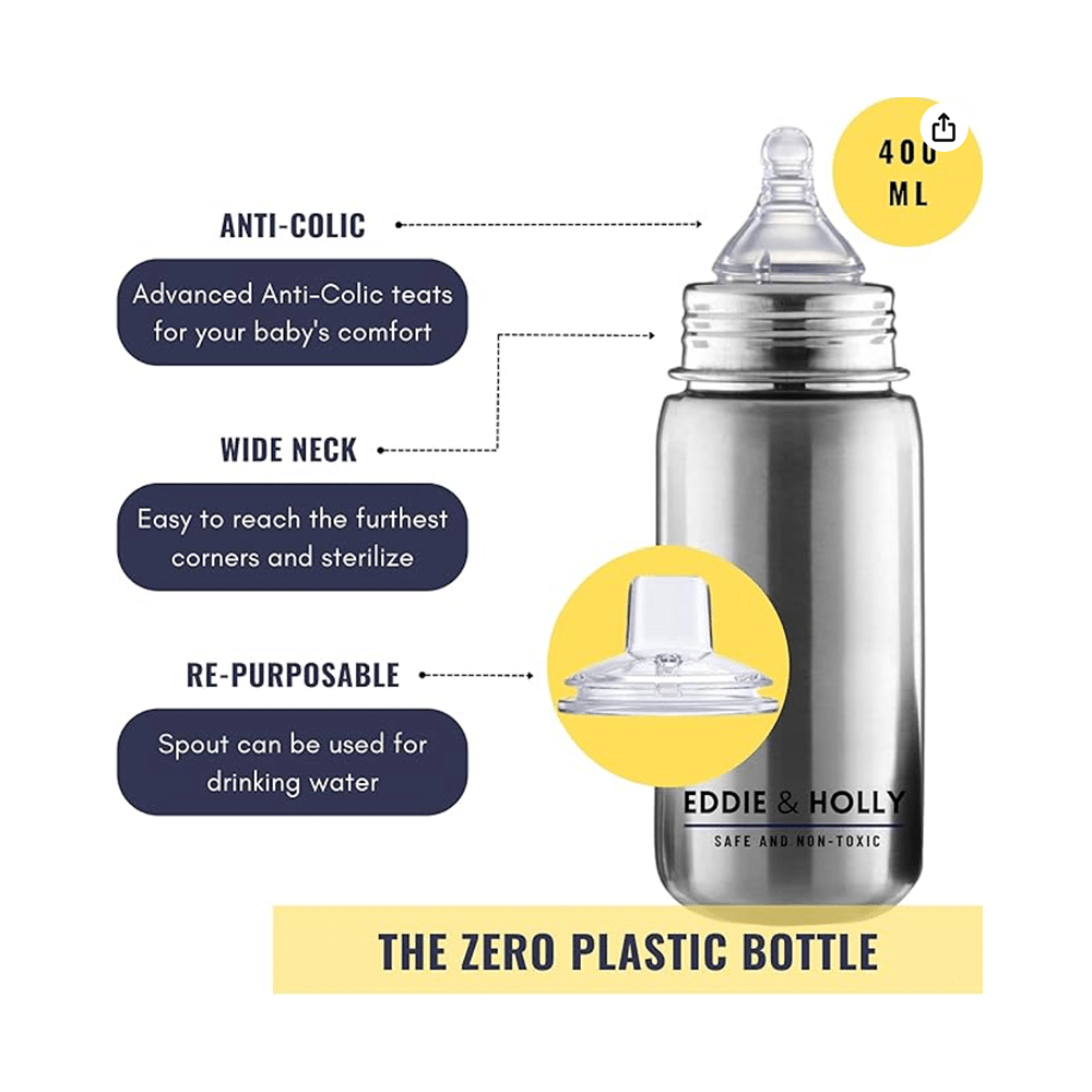 Eddie & Holly 2 in 1 Sipper Bottle for Baby Anti Colic and New Born Baby Premium Stainless Steel, Wide Neck 12+ Months Sipper - Image 2