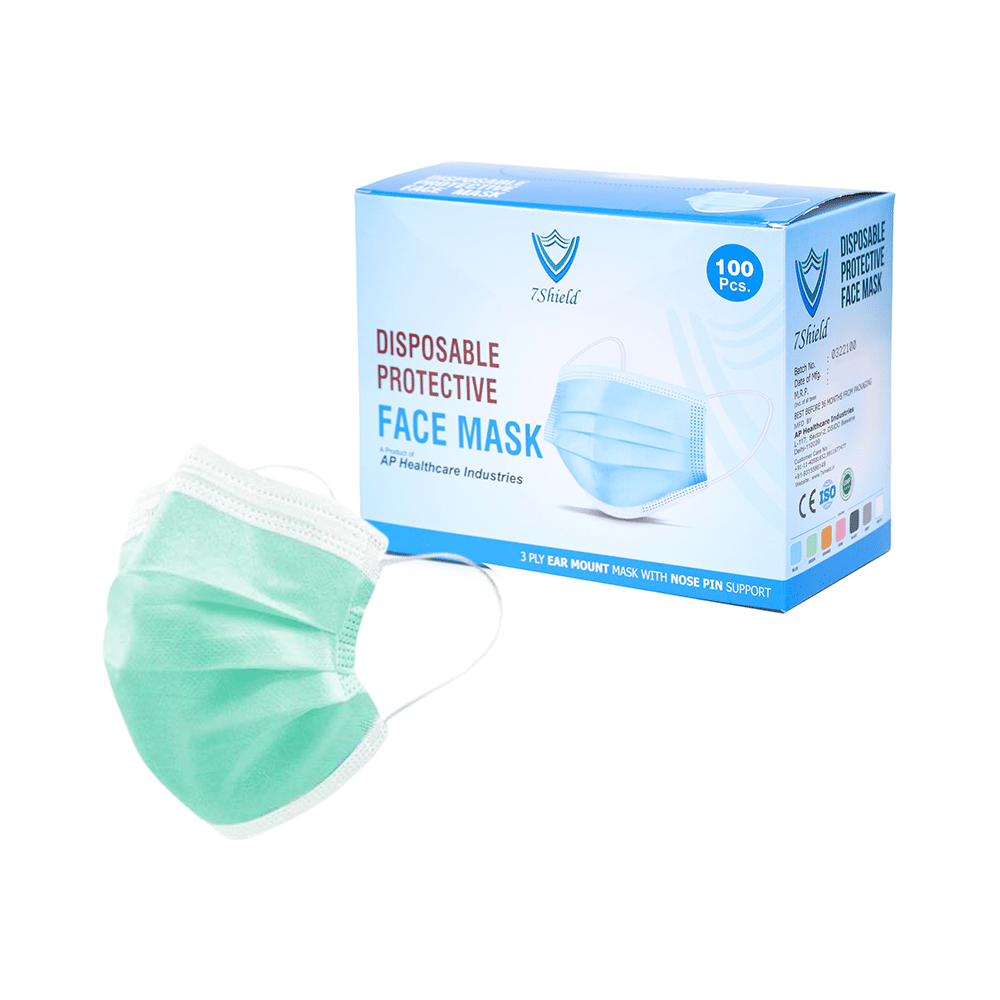 7 Shield 3 Ply Disposable Protective Face Mask Green - Image 1