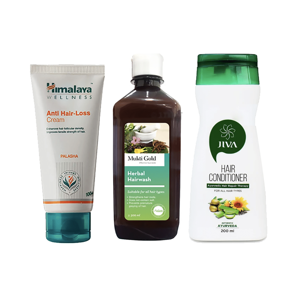 Hair Care Combo of Axiom Mukti Gold Hairwash Shampoo 500ml, Himalaya Wellness Anti-Hair Loss Cream 100ml and Jiva Hair Conditioner 200ml - Image 1