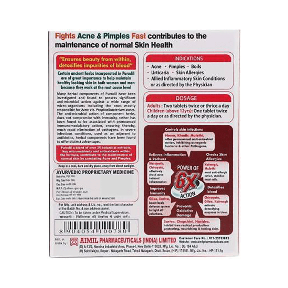 Aimil Purodil Skin Health Tablet | Fights Acne & Pimples | Controls Skin Infections & Allergies - Image 2