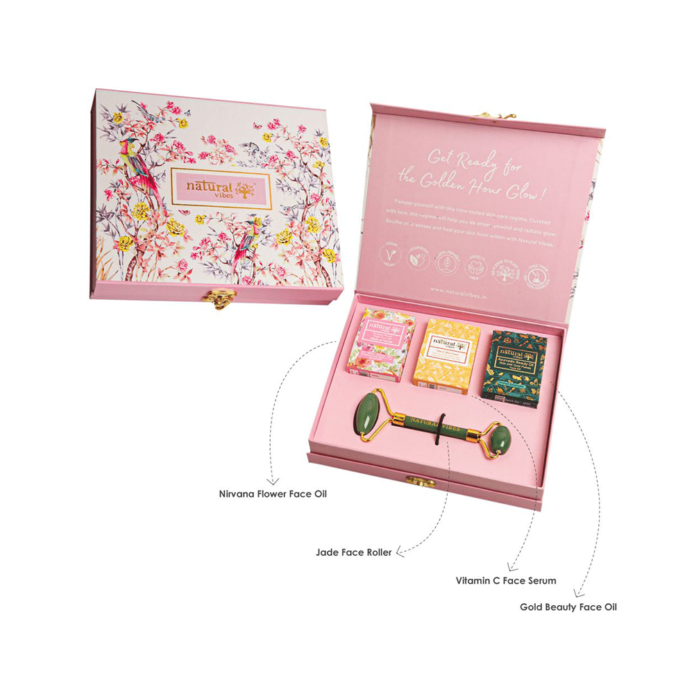 Natural Vibes Glow Getter Gift Set with Jade Face Roller, Vitamin C Serum, Nirvana Flower Oil and Gold Beauty Elixir Oil - Image 3