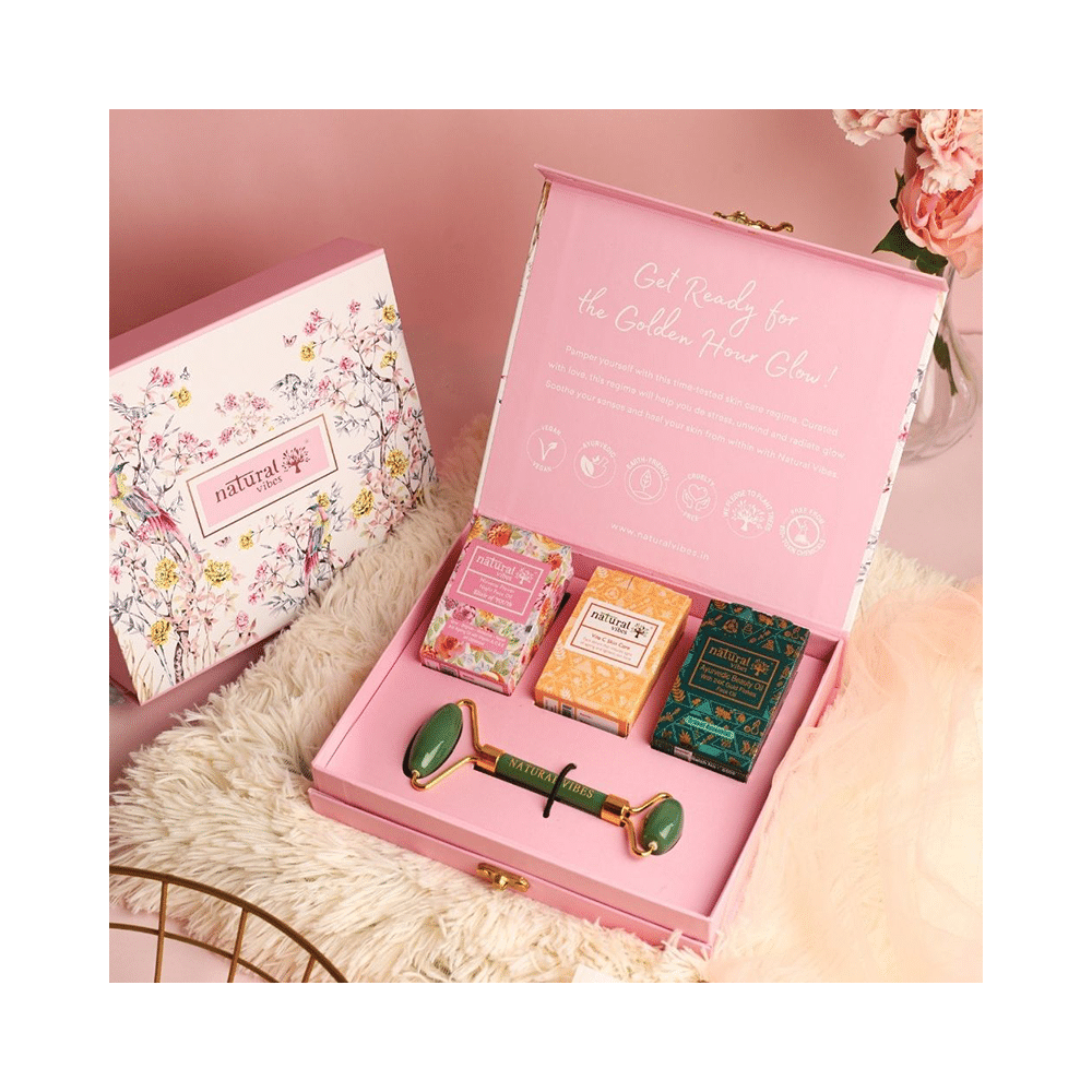 Natural Vibes Glow Getter Gift Set with Jade Face Roller, Vitamin C Serum, Nirvana Flower Oil and Gold Beauty Elixir Oil - Image 2