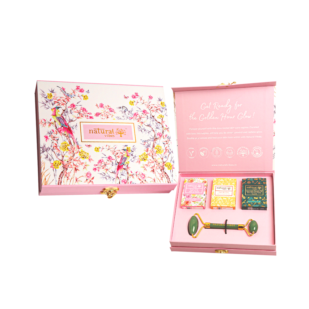Natural Vibes Glow Getter Gift Set with Jade Face Roller, Vitamin C Serum, Nirvana Flower Oil and Gold Beauty Elixir Oil - Image 1