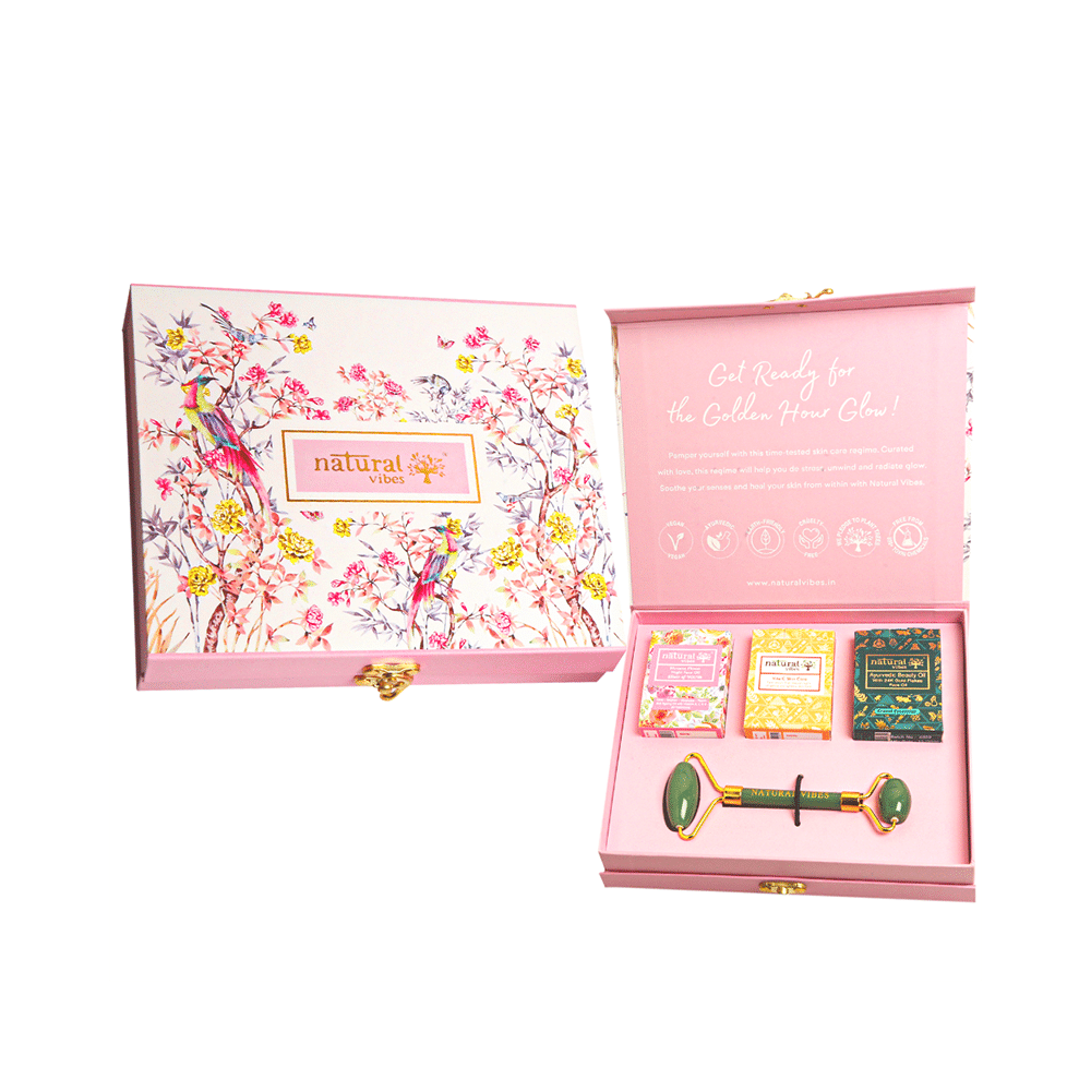 Natural Vibes Glow Getter Gift Set with Jade Face Roller, Vitamin C Serum, Nirvana Flower Oil and Gold Beauty Elixir Oil