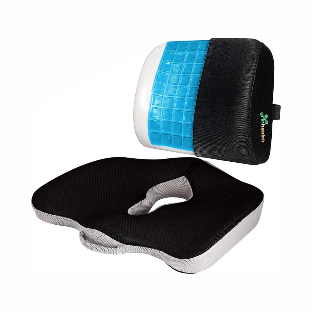 Grin Health Combo Pack of Memory Foam Seat Cushion and Gel Enhanced Lumbar Support Grey and Black - Image 1
