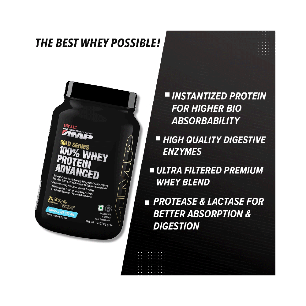 GNC Amp Gold 100% Whey Protein Advanced Powder with Digestive Enzymes | For Lean Muscles | Flavour Vanilla Icecream - Image 5