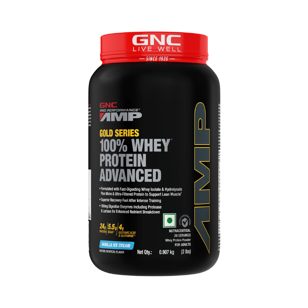 GNC Amp Gold 100% Whey Protein Advanced Powder with Digestive Enzymes | For Lean Muscles | Flavour Vanilla Icecream - Image 1