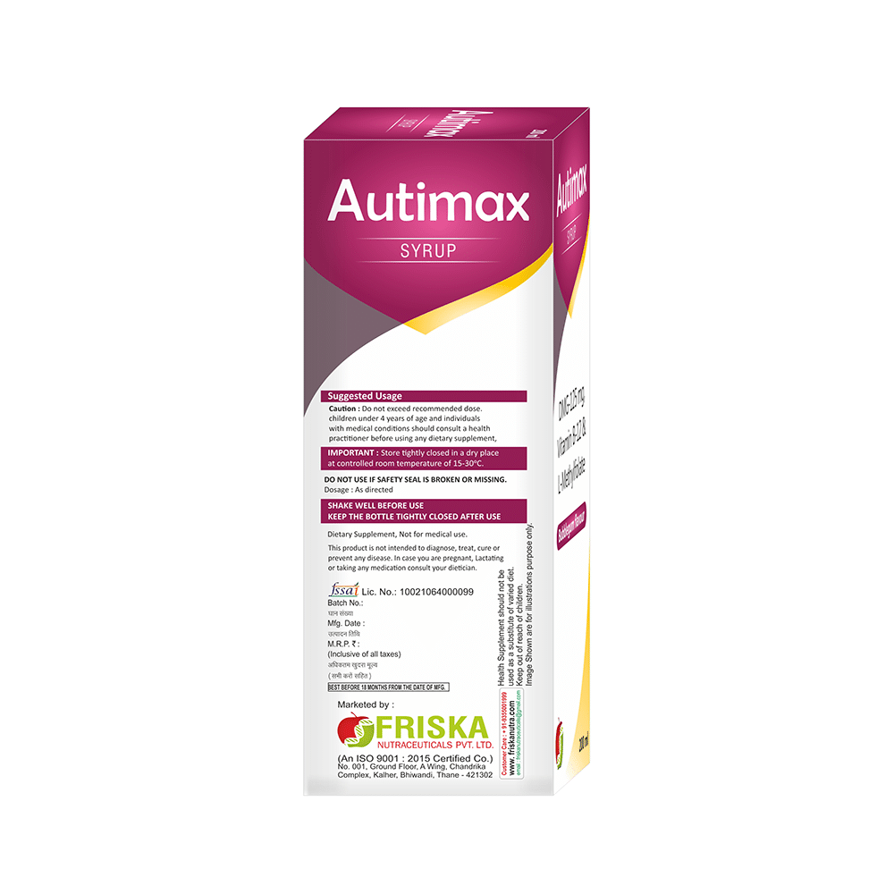Friska Auti Max Syrup with DMG, Vitamin B12 & L-MethylFolate | Flavour Bubblegum - Image 3