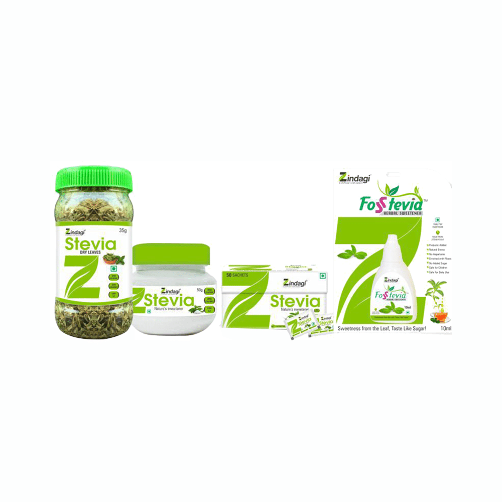 Zindagi Combo Pack of Stevia Liquid, Stevia Powder, Stevia Sachets & Stevia Leaves