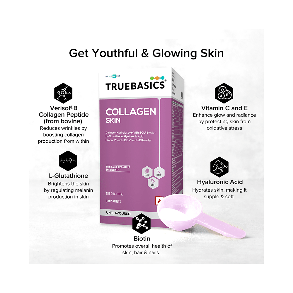 TrueBasics Collagen Skin | With L-Glutathione, Hyaluronic Acid & Biotin | Sachet for Healthy Skin, Hair & Nails Unflavored - Image 4