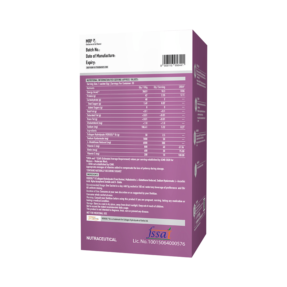 TrueBasics Collagen Skin | With L-Glutathione, Hyaluronic Acid & Biotin | Sachet for Healthy Skin, Hair & Nails Unflavored - Image 2