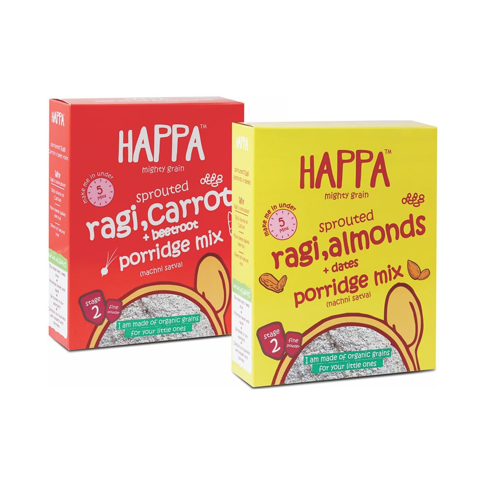 Happa Mighty Grain Combo Pack of Porridge Mix Sprouted Ragi, Carrot + Beetroot and Sprouted Ragi, Almonds + Dates Stage 2 (200gm Each) - Image 1
