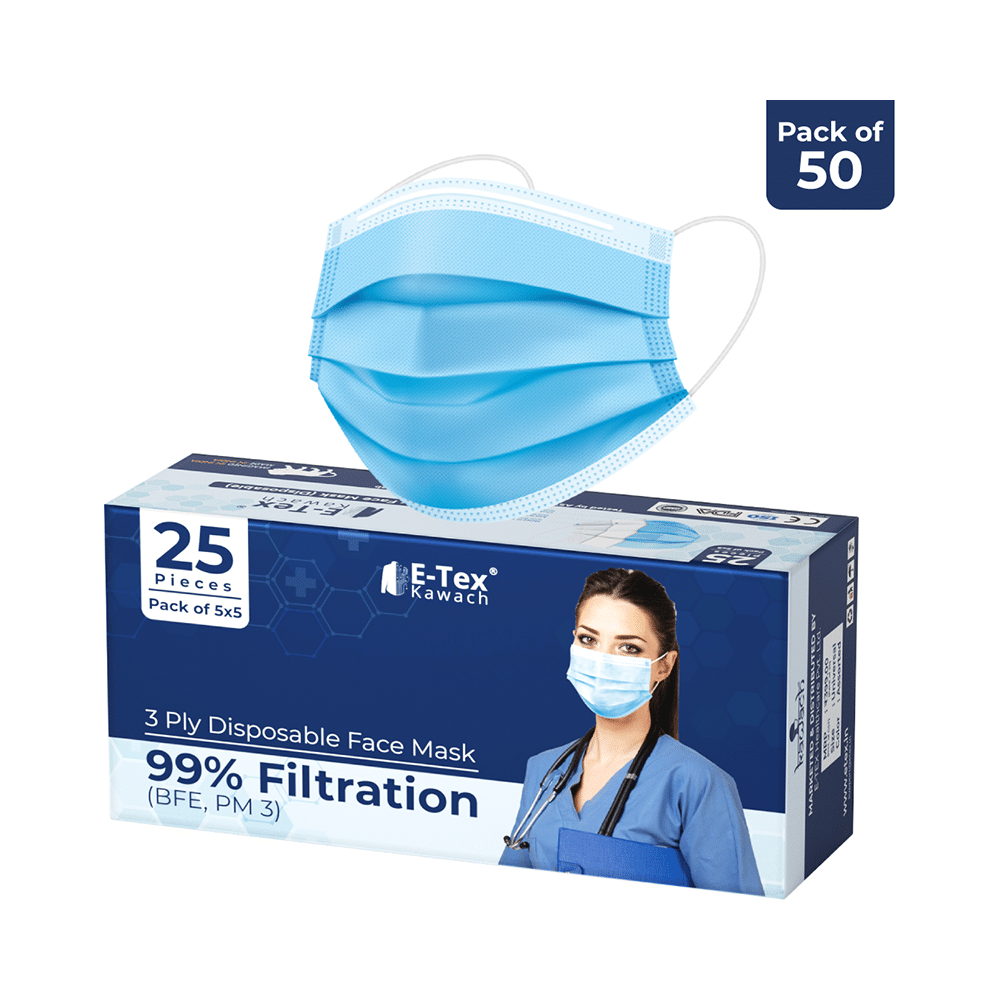 E-Tex Kawach 99% Filtration 3 Ply Disposable Face Mask Free Size Blue - Image 2