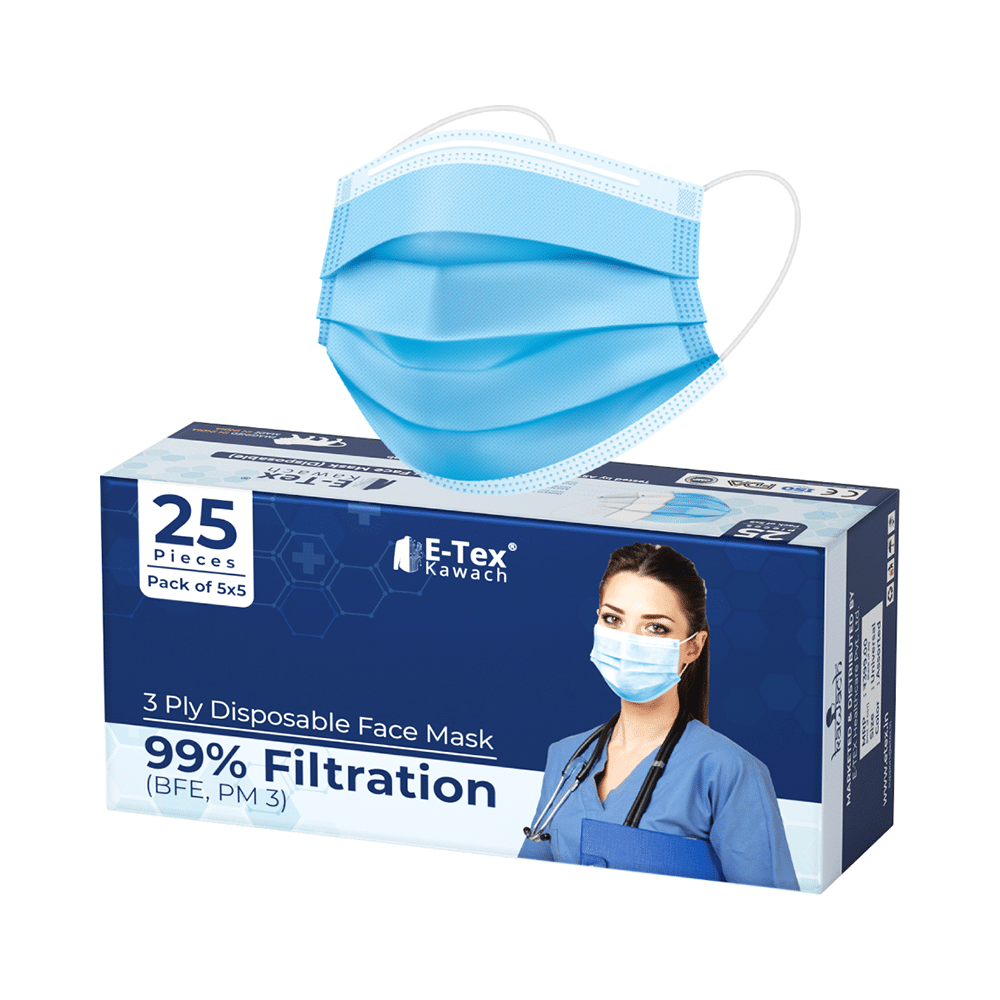 E-Tex Kawach 99% Filtration 3 Ply Disposable Face Mask Free Size Blue