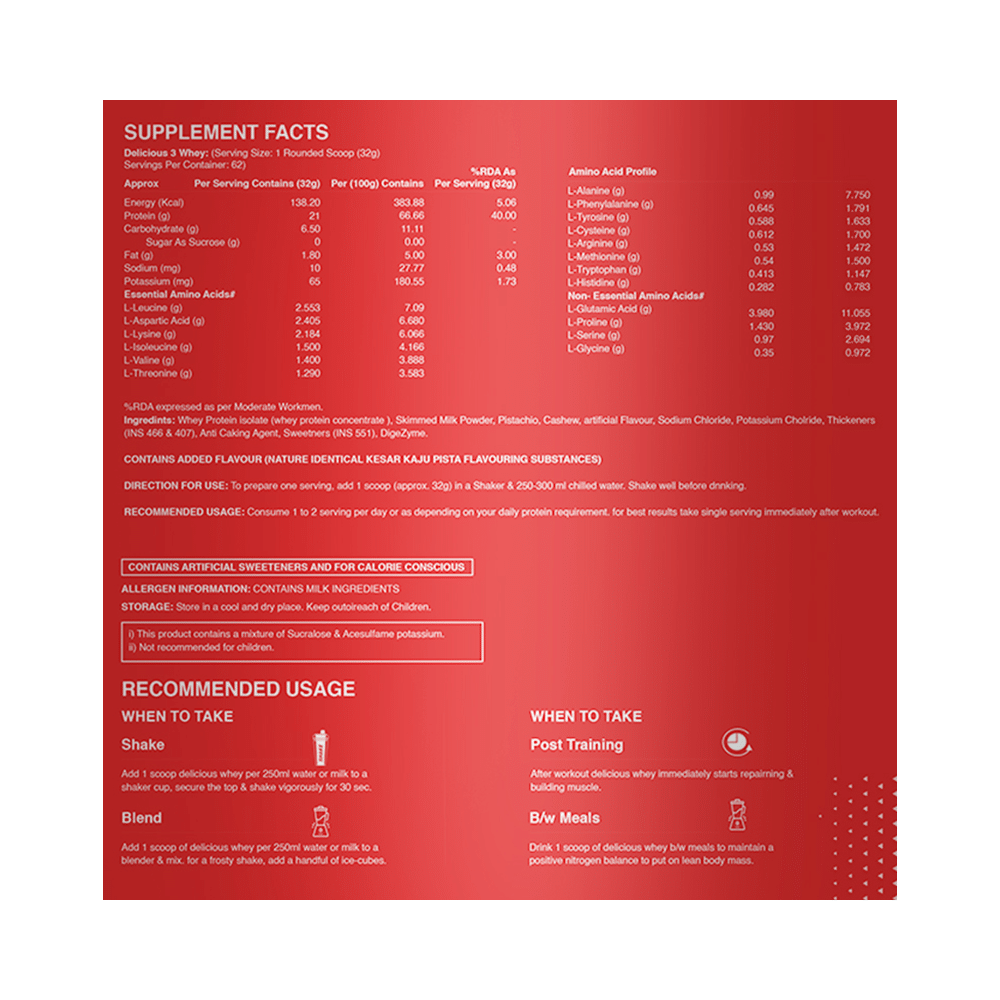 B2 Nutrition Delicious 3 Whey Protein Powder (2kg Each) with Shaker Kesar Kaju Pista - Image 3