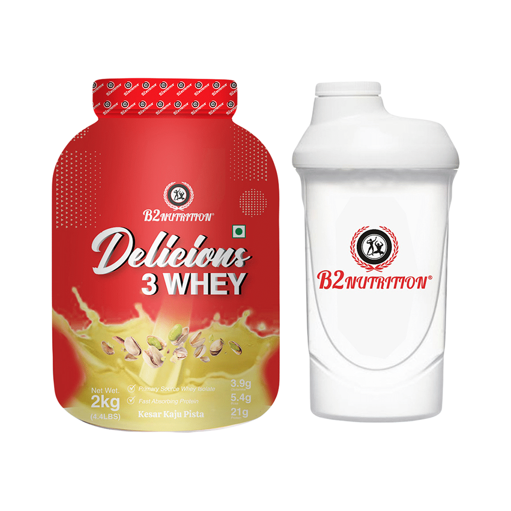 B2 Nutrition Delicious 3 Whey Protein Powder (2kg Each) with Shaker Kesar Kaju Pista - Image 1
