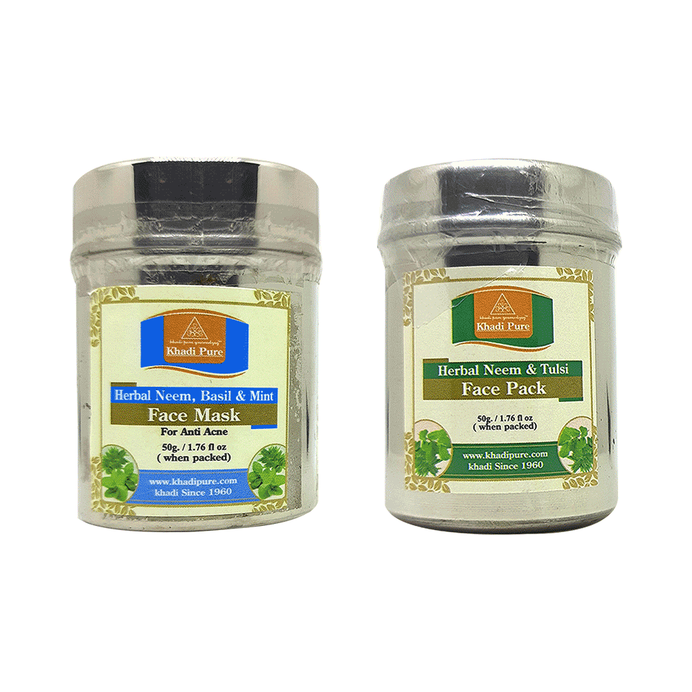 Khadi Pure Combo Pack of Herbal Neem, Basil & Mint Face Mask & Herbal Neem & Tulsi Face Pack (50gm Each) - Image 1