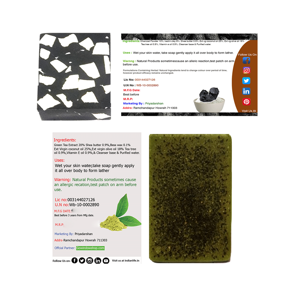 Indian Life Combo Pack of Green Tea Handmade Soap Bar and Charcoal Kaolin Handmade Soap Bar (100gm Each) - Image 2