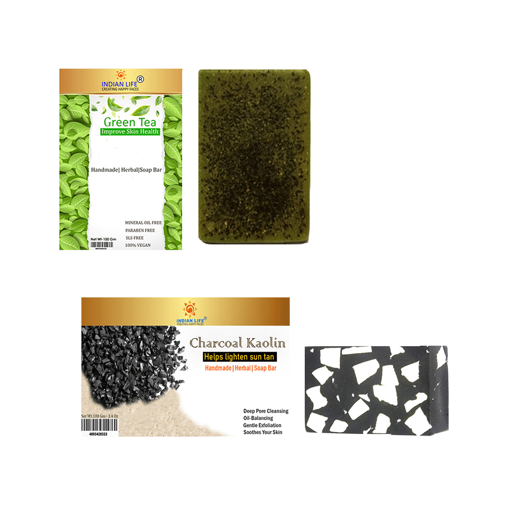 Indian Life Combo Pack of Green Tea Handmade Soap Bar and Charcoal Kaolin Handmade Soap Bar (100gm Each) - Image 1