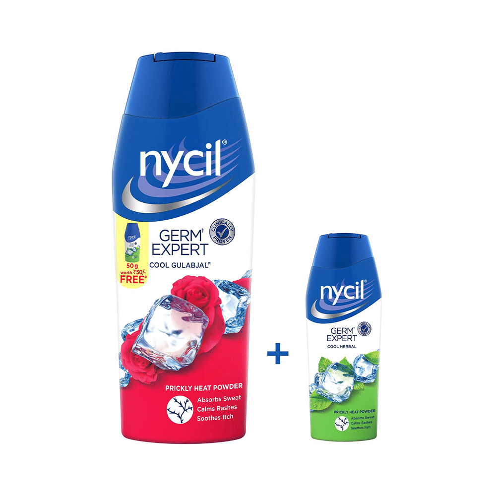 Nycil Cool Gulabjal Prickly Heat Talcum Powder with Nycil 50gm Germ Expert Talc Free - Image 1