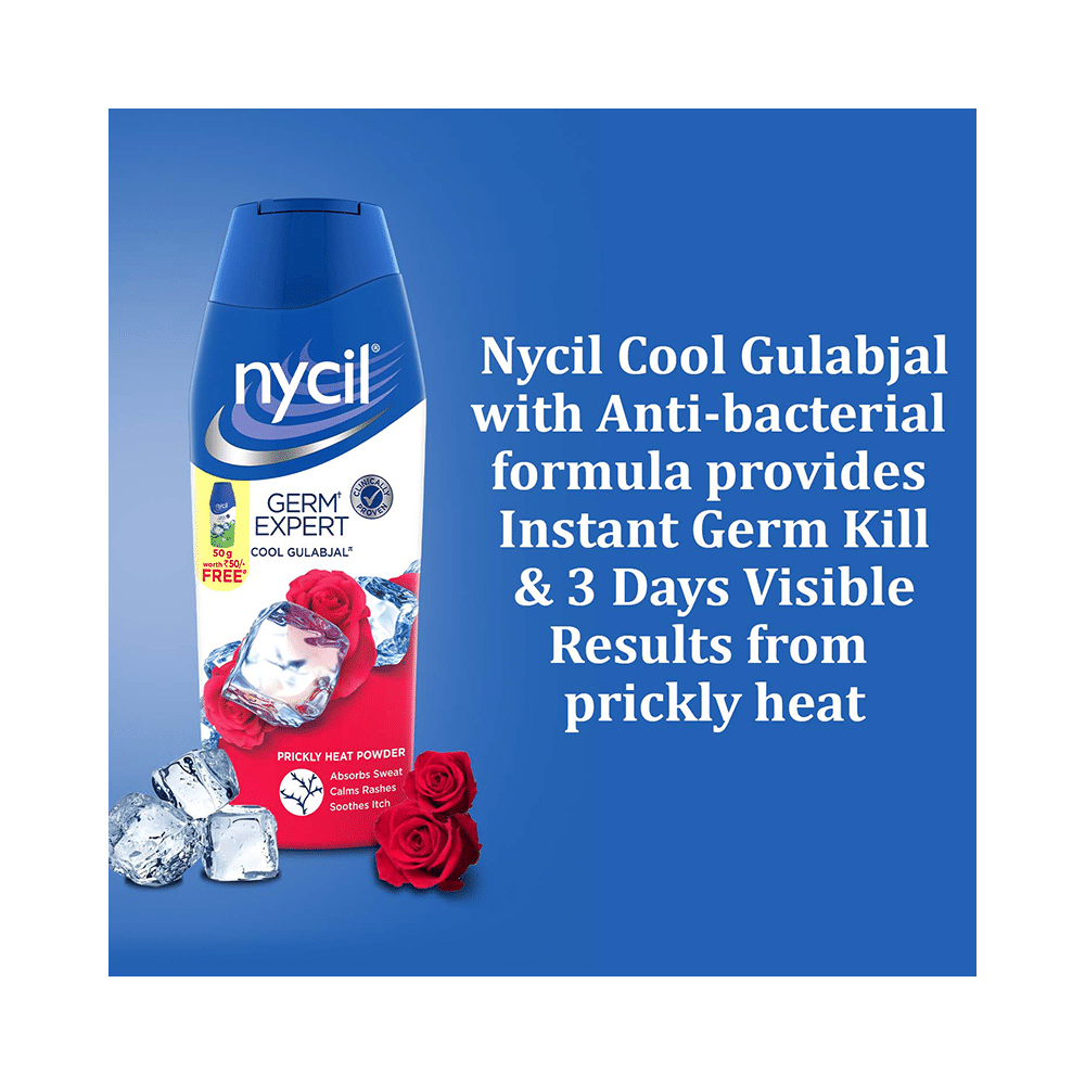 Nycil Cool Gulabjal Prickly Heat Talcum Powder with Nycil 50gm Germ Expert Talc Free - Image 4