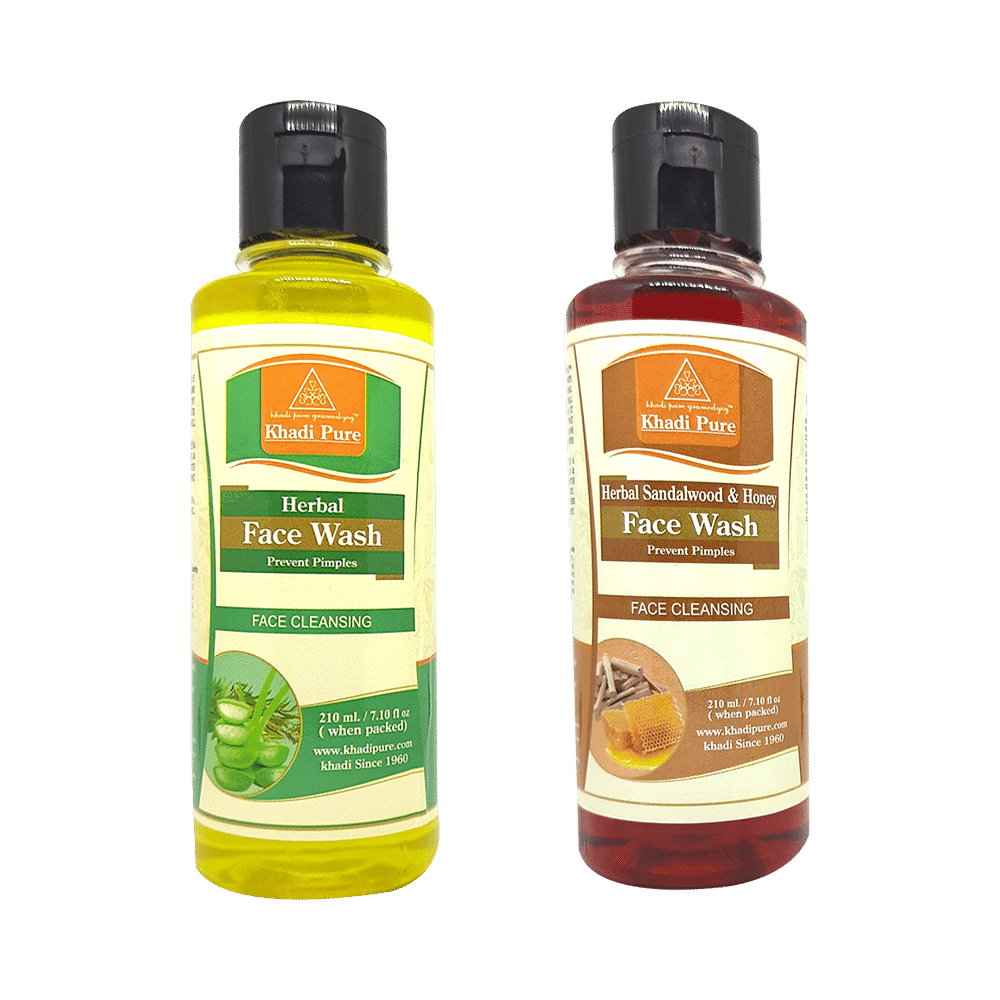Khadi Pure Combo Pack of Herbal Face Wash & Herbal Sandalwood & Honey Face Wash (210ml Each)