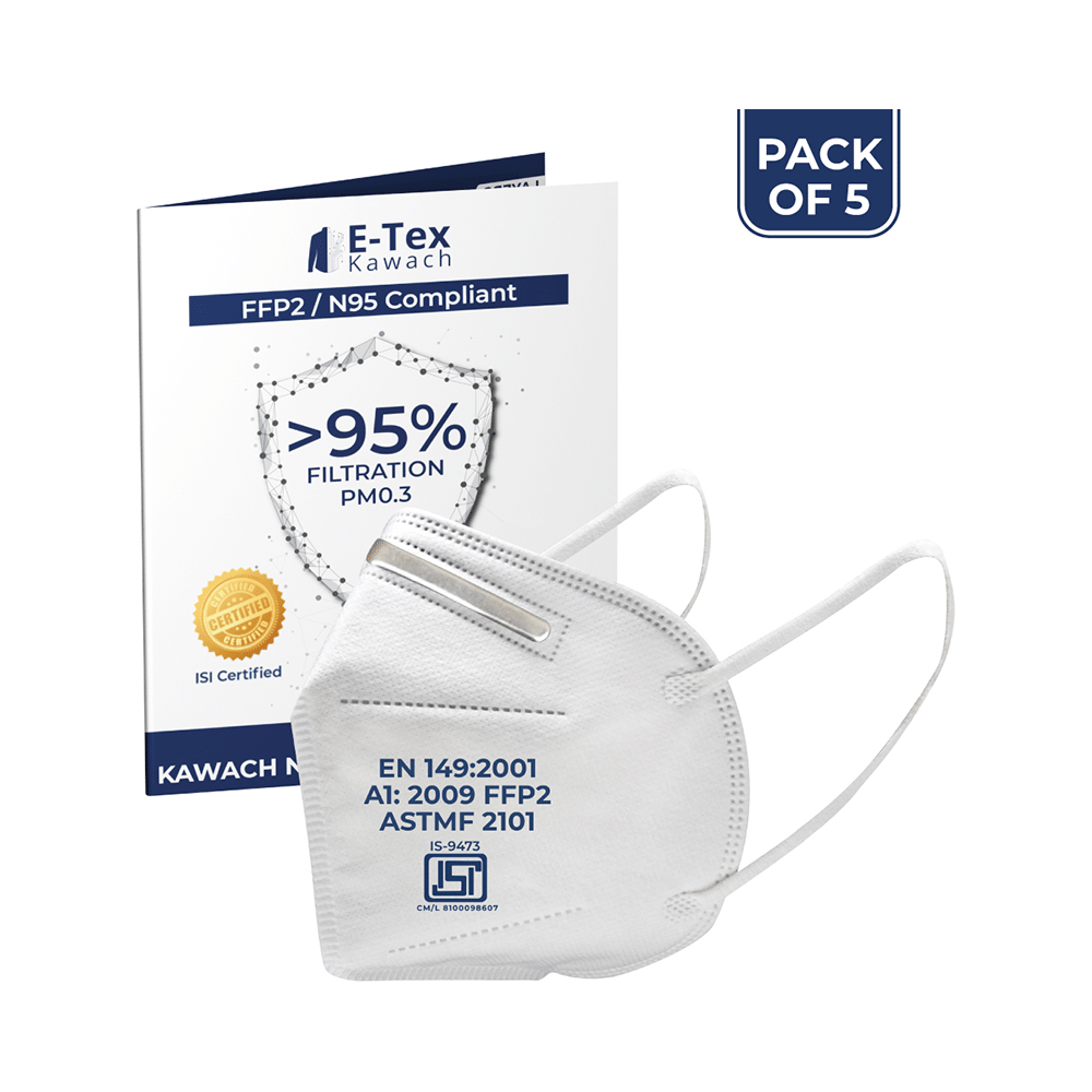 E-Tex Kawach FFP2/N95 Compliant Protective Face Mask with Earloop Free Size White - Image 2