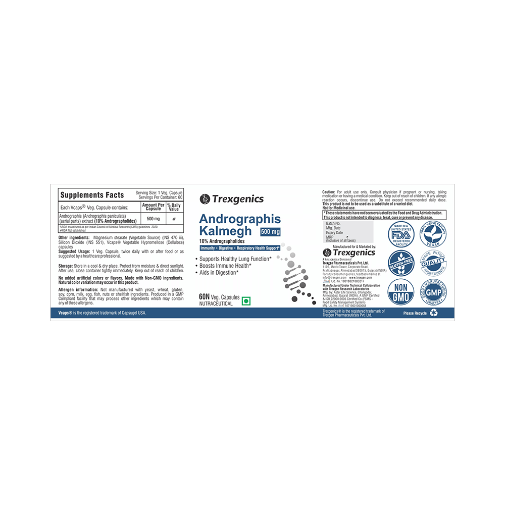 Trexgenics Andrographis Kalmegh 10% Andrographolides 500mg Veg Capsule - Image 2