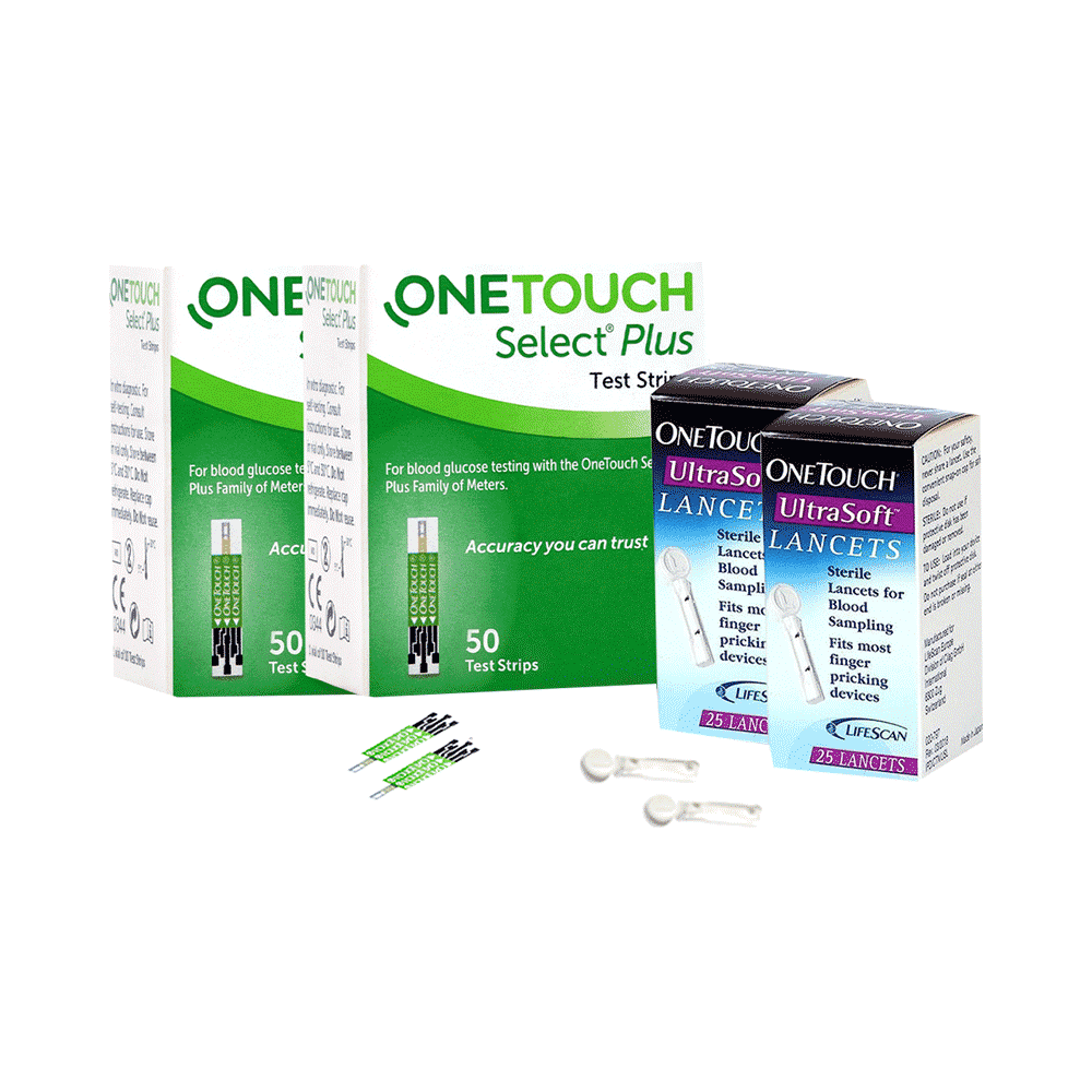 Combo Pack of 2 Boxes of OneTouch Select Plus Test Strip (50 Each) & 2 Boxes of OneTouch Ultrasoft Lancets (25 Each) - Image 1
