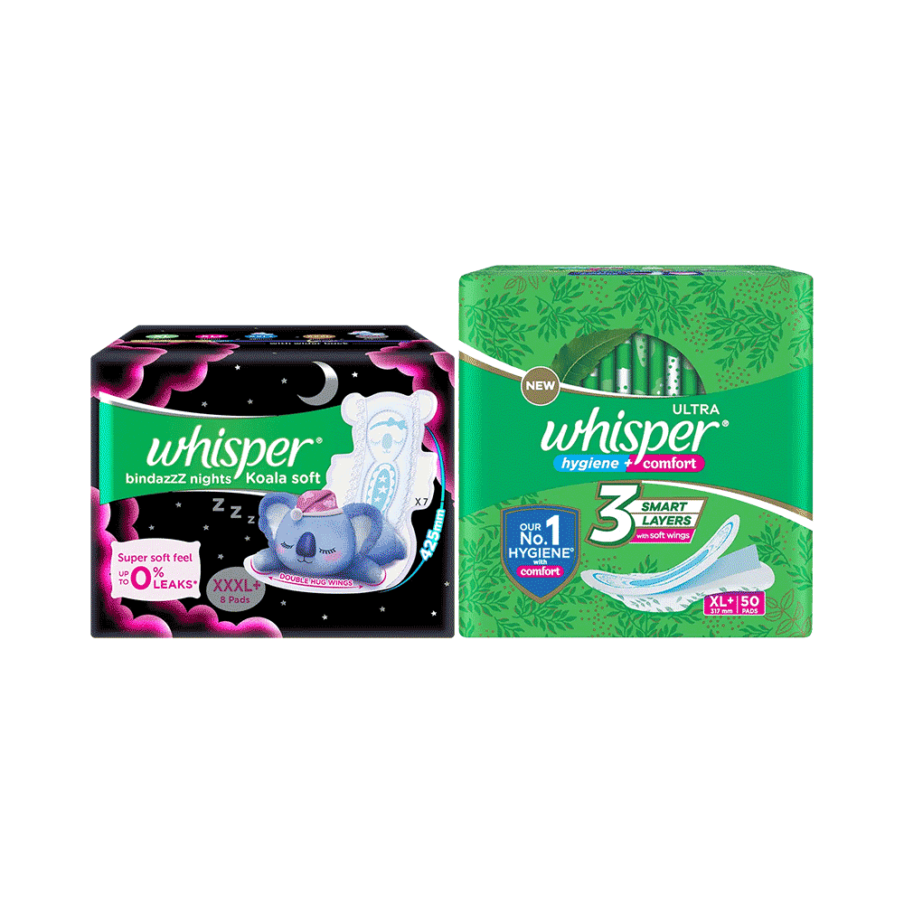 Combo Pack of Whisper Ultra Clean with Herbal Oil Sanitary Pads XL+ (50 Each) & Whisper Bindazzz Nights Koala Soft Pads XXXL+ (8 Each) - Image 1