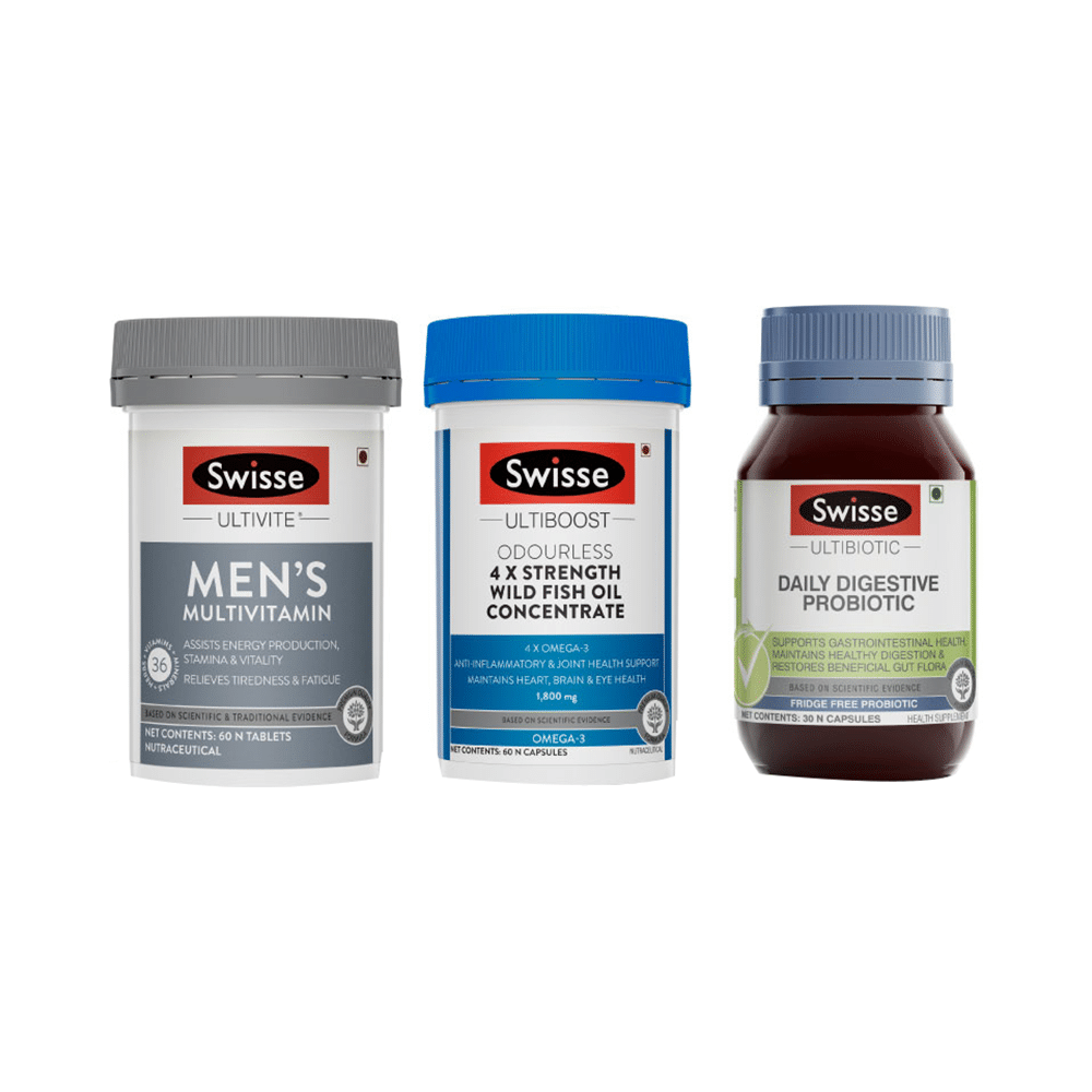 Swisse Combo Pack of Ultivite Men's Multivitamin 60 Tablet, Ultiboost Odourless 4x Strength Wild Fish Oil Concentrate 60 Capsule & Ultibiotic Daily Digestive Probiotic 30 Capsule - Image 1