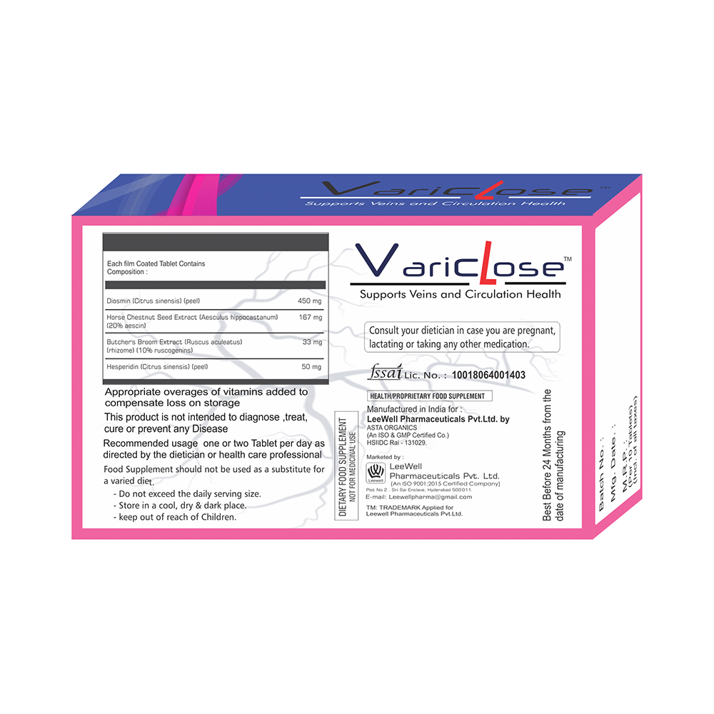 Variclose Poor Blood Flow, Micro Circulation Aid for Varicose Veins & Piles - Aescin, Diosmin & Hesperidin Tablet - Image 2