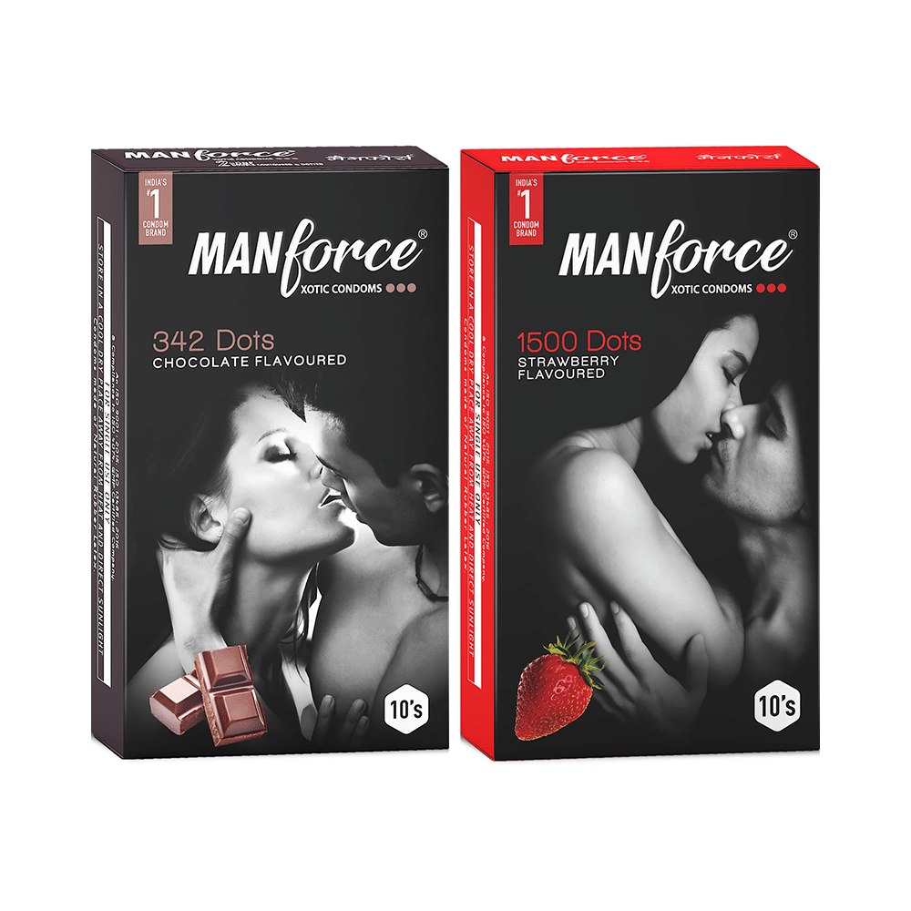 Manforce Combo Pack of 342 Dots Xotic Condom Chocolate Flavour and 1500 Dots Xotic Condom Strawberry Flavour (10 Each) - Image 1
