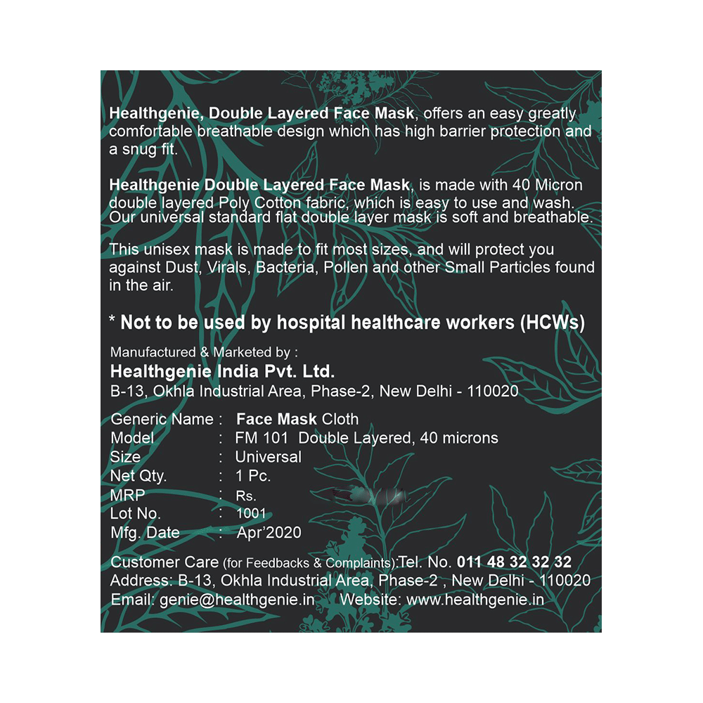 Healthgenie FM 101 Premium Quality Washable & Reusable Double Layered Cloth Face Mask Universal Assorted - Image 3