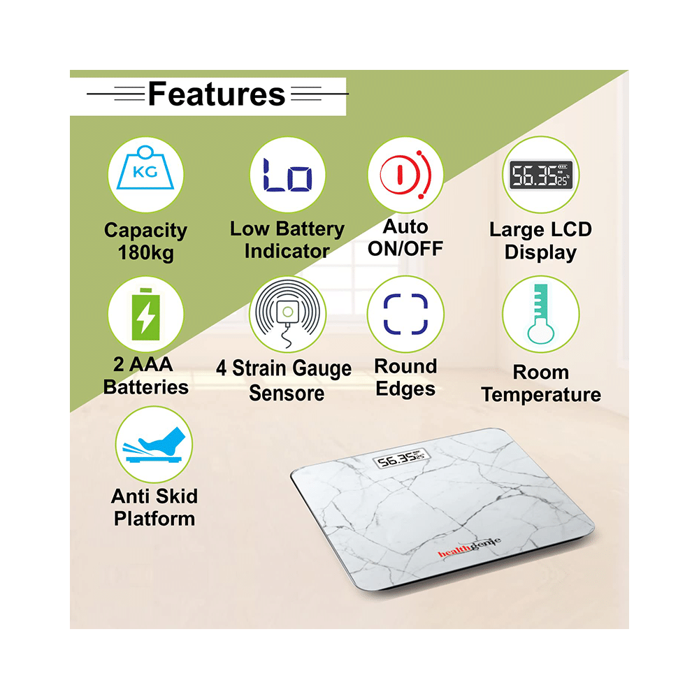 Healthgenie Digital Weight Machine Thick Tempered Glass LCD Display White Marble - Image 2