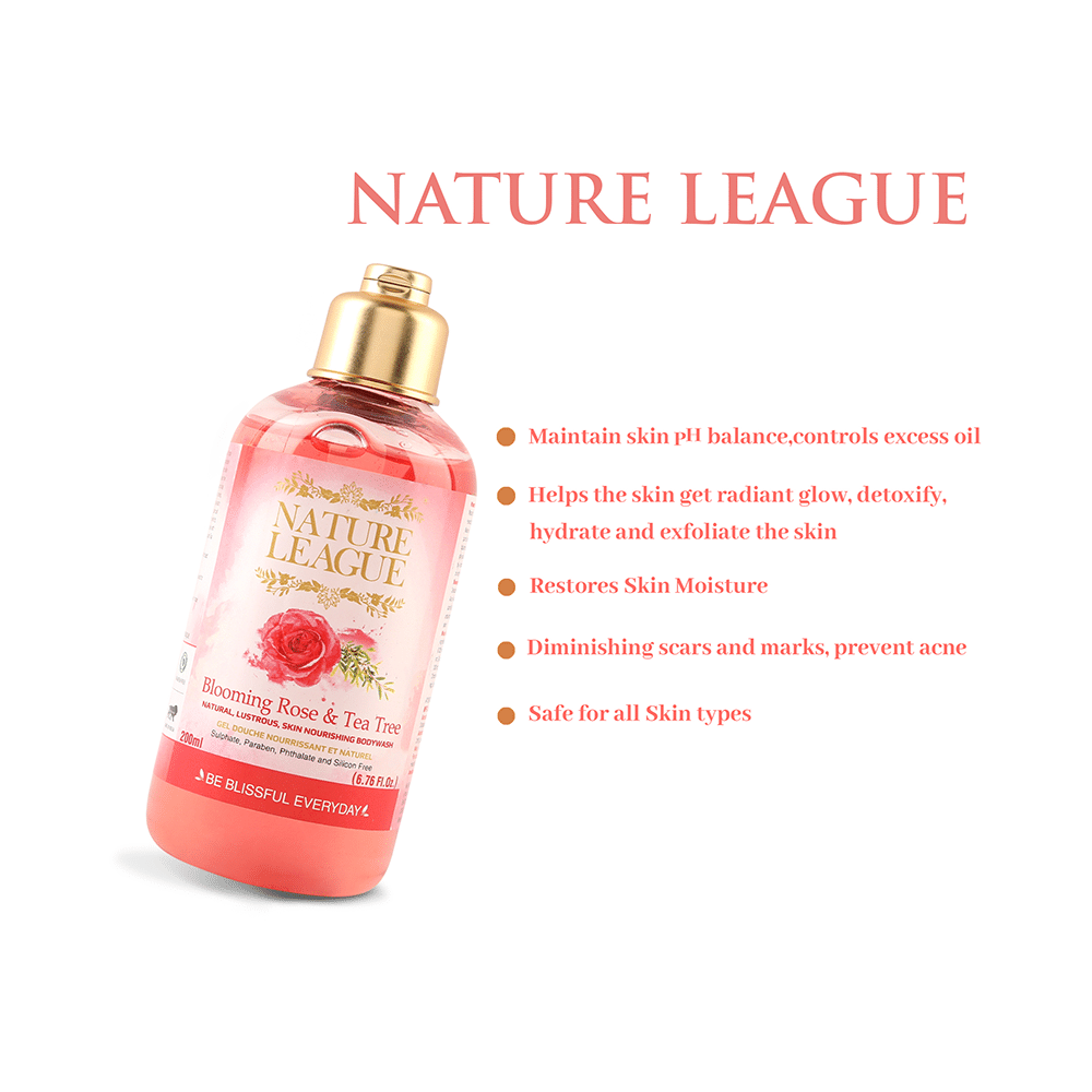 Nature League Blooming Rose & Tea Tree Natural, Lustrous, Skin Nourishing Bodywash (200ml Each) - Image 4