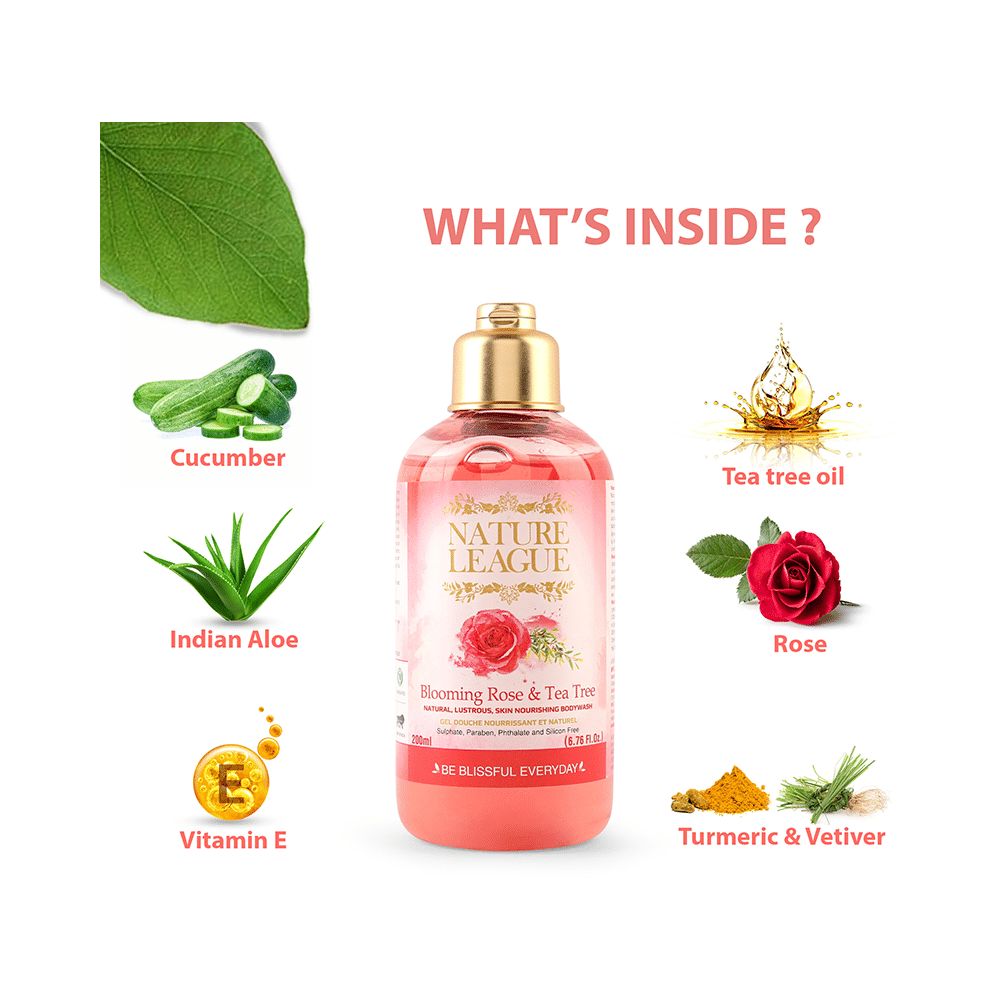 Nature League Blooming Rose & Tea Tree Natural, Lustrous, Skin Nourishing Bodywash (200ml Each) - Image 3