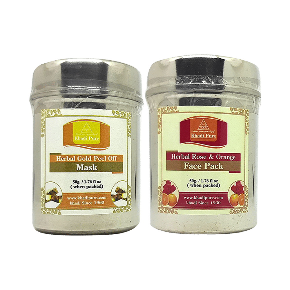 Khadi Pure Combo Pack of Herbal Gold Peel Off Mask & Herbal Rose & Orange Face Pack (50gm Each) - Image 1