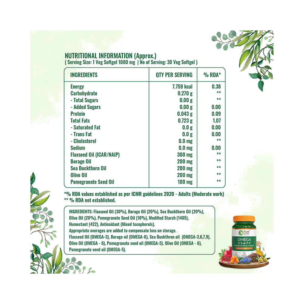 Pure Nutrition Omega 3-5-6-7-9 with Seabuckthorn & Flaxseed Oil | Veg Softgels for Heart & Brain Health - Image 3