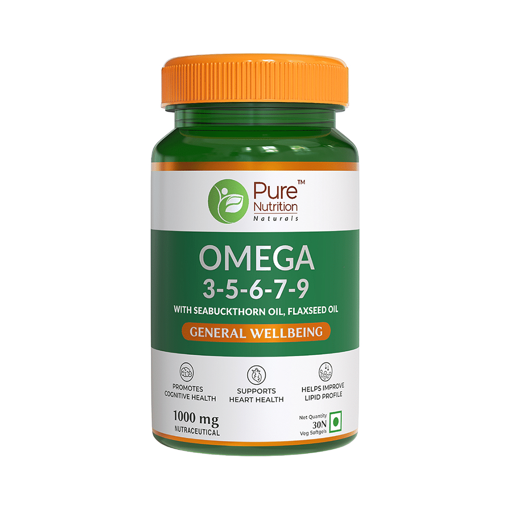 Pure Nutrition Omega 3-5-6-7-9 with Seabuckthorn & Flaxseed Oil | Veg Softgels for Heart & Brain Health - Image 1
