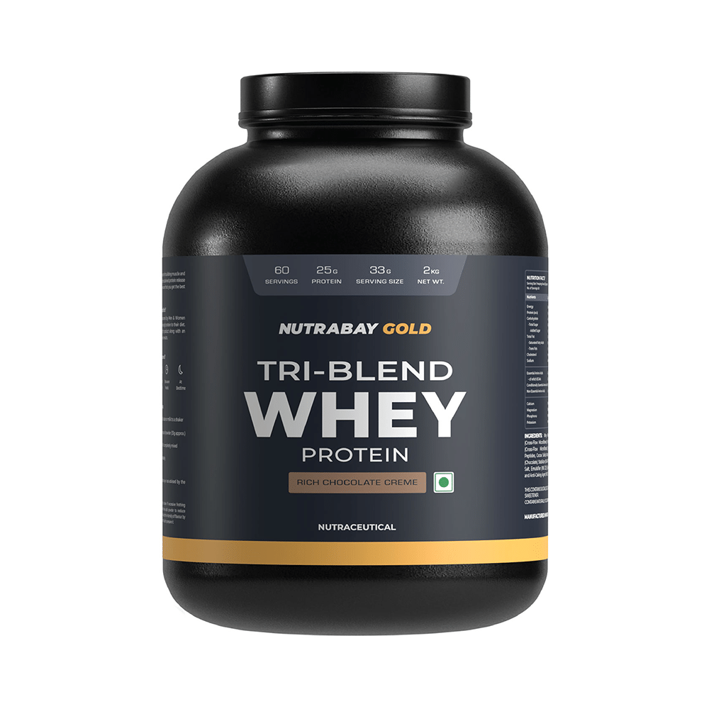 Nutrabay Gold Tri-Blend Whey Protein for Muscle Recovery & Immunity | No Added Sugar | Flavour Rich Chocolate Creme