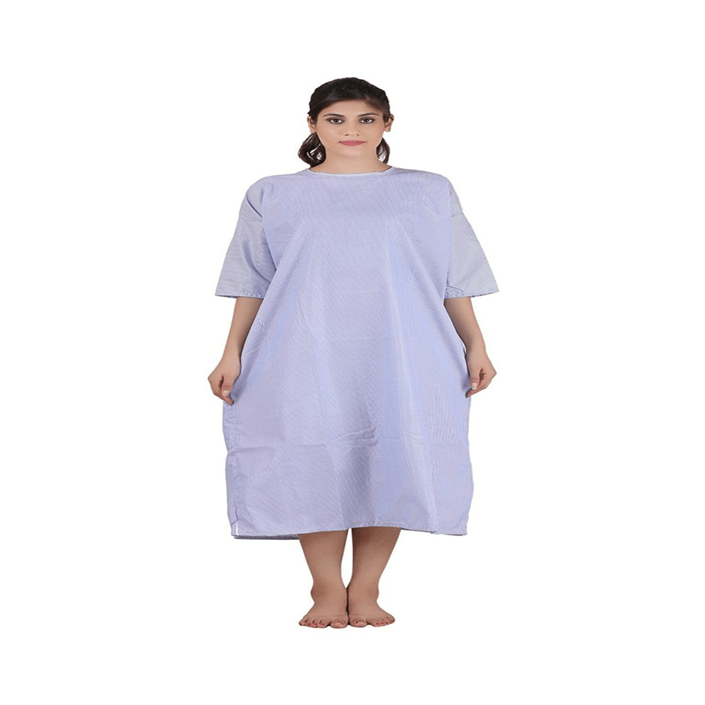 Agarwals Poly Cotton Patient Gown Back Open Blue White Stripes - Image 1