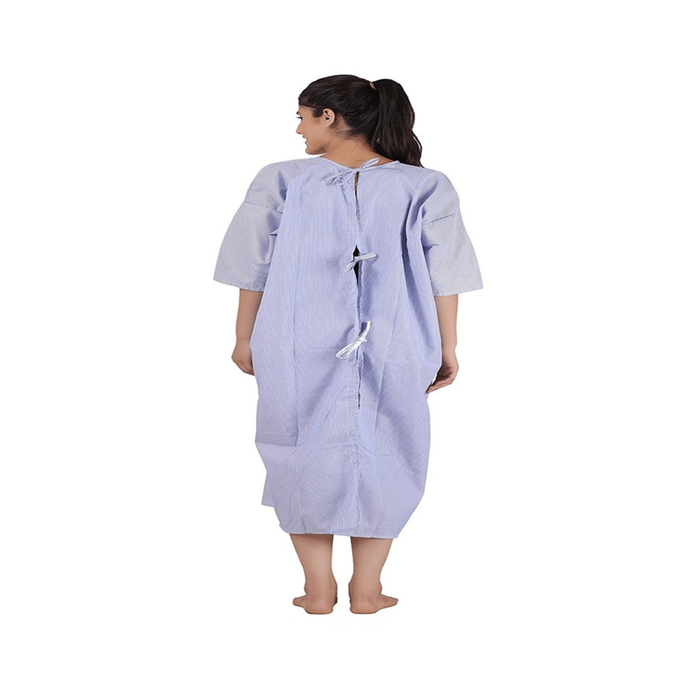 Agarwals Poly Cotton Patient Gown Back Open Blue White Stripes - Image 2