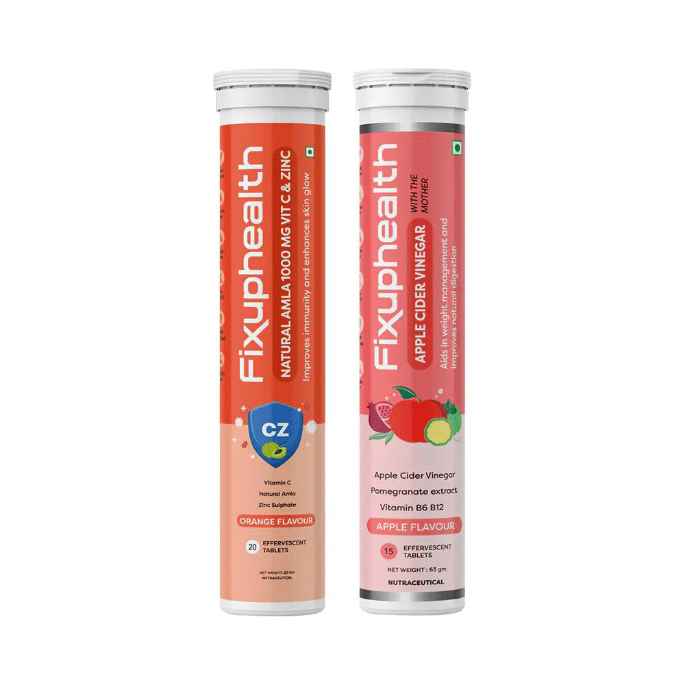 Combo Pack of Fixuphealth Natural Amla 1000mg Vit C & Zinc Effervescent Tablet Orange (20) & Fixuphealth Apple Cider Vinegar Effervescent Tablet with the Mother Apple (15) - Image 1